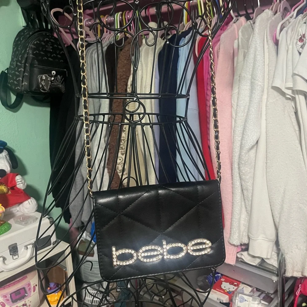 bebe Black Quilted Crossbody with Crystal Logo and Gold Chain - Picture 1 of 2